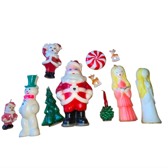 Vintage Lot of 11 Gurley ? Christmas Green Hat Snowman Tree Reindeer Wax Candles - Picture 1 of 16